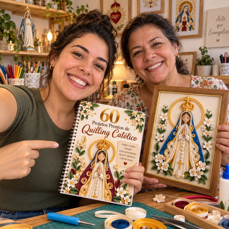 Duas mulheres no ateliê mostrando o material de Quilling Católico e uma peça pronta
